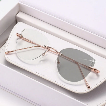 High Quality Frameless Photochromic Myopia Glasses.   All Titanium, Ultra Light Cat Eye , Anti -Blue Light Glasses,  Diopter To -4.0