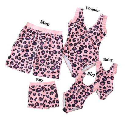 Summer Mom -Daughter/ Dad -Son Matching Swimsuit in Pink Leopard Frill Trim One-piece Suit Swimwear Trunks Beachwear Family Look