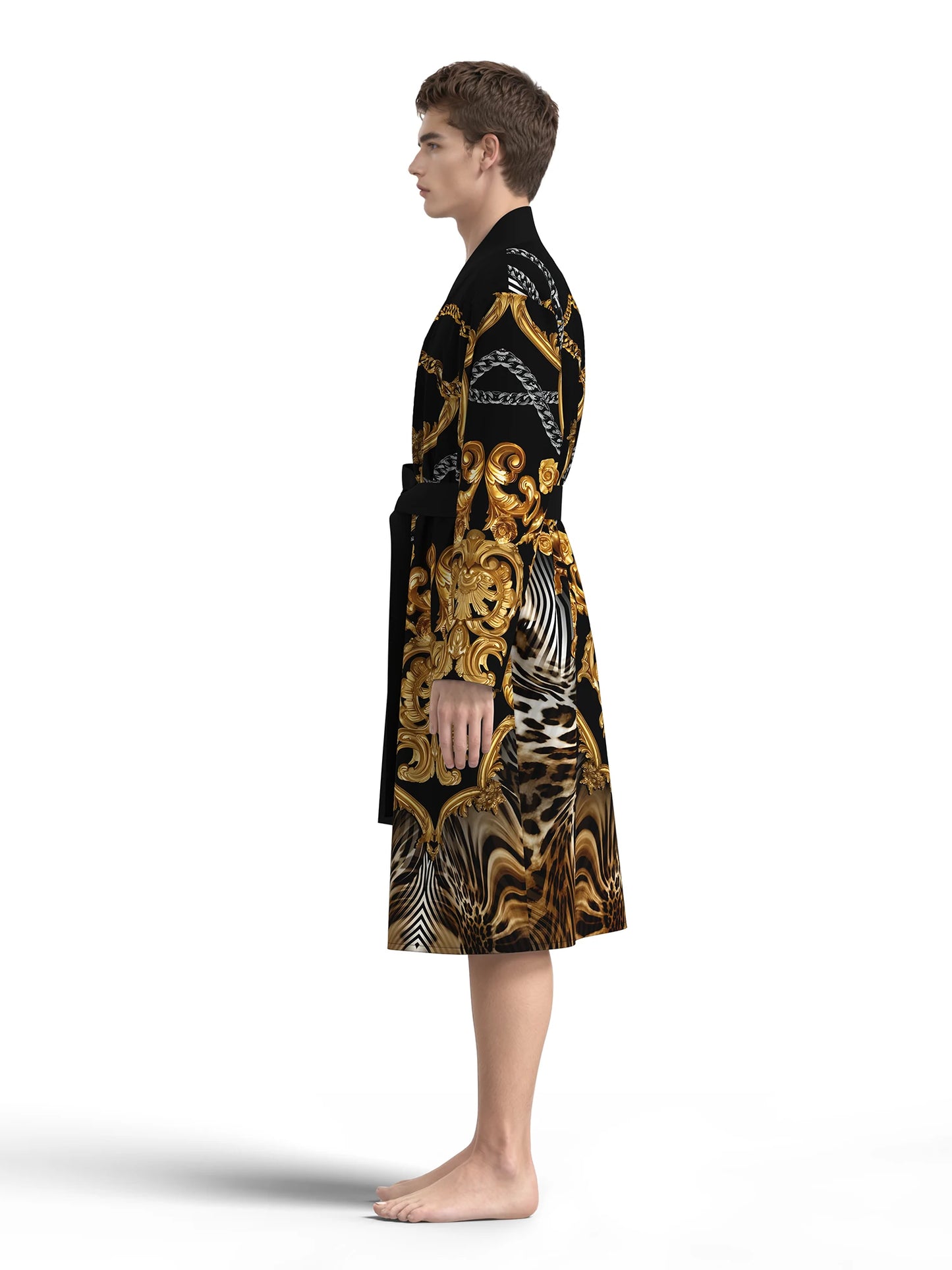 Mens Robe with 3D digital printing of  European aristocratic pattern.   Comfortable,  skin-friendly, long-sleeved thin bathrobe.