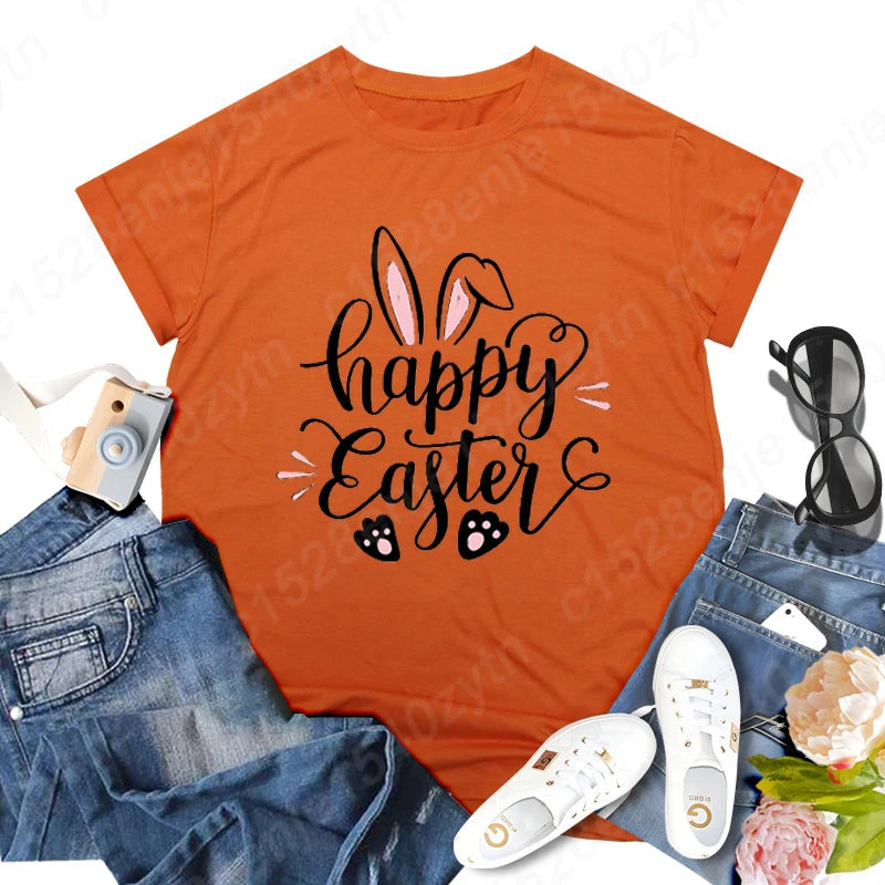 Cute Happy Easter Bunny Print T-Shirts  for Junior Women , Short Sleeve,  Round Neck Tee Shirt Casual,  Soft Summer,  Solid Color T Shirt /Tops