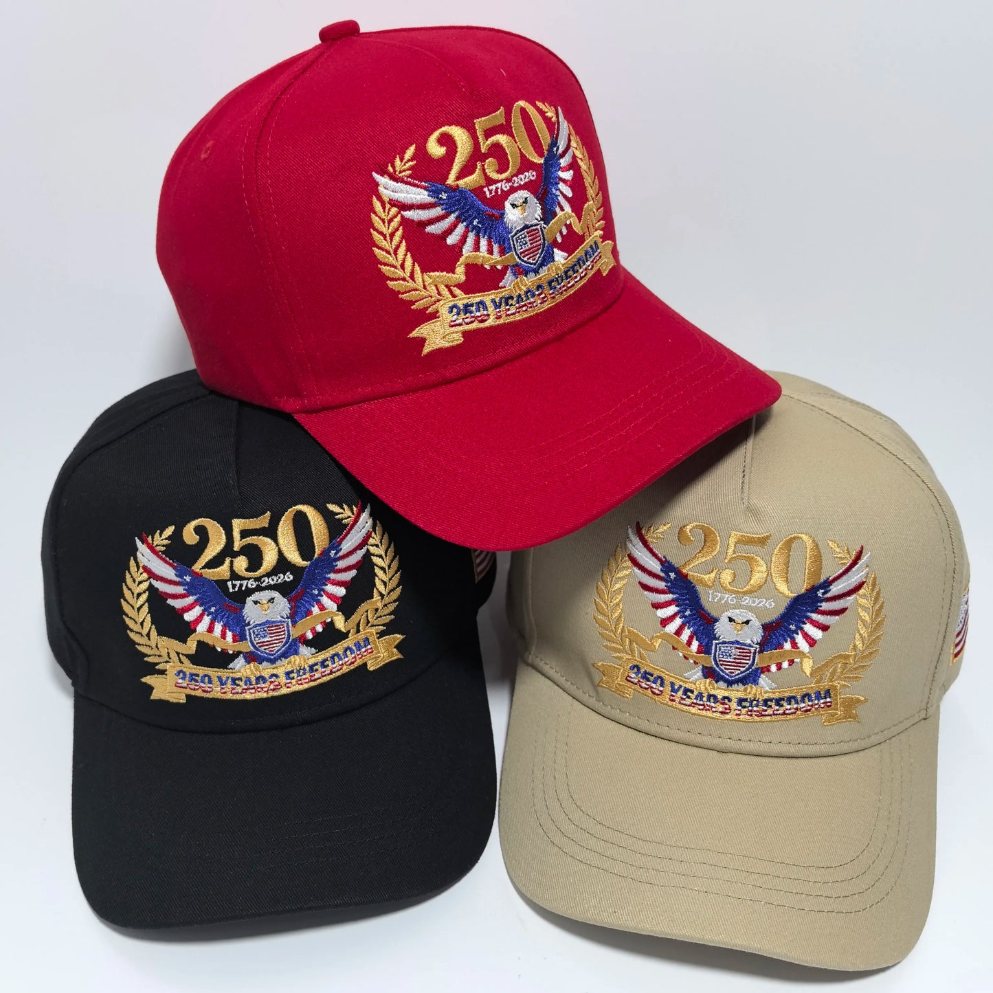 1776-2026 USA 250 Years Freedom Eagle Embroidery Baseball Cap,  Hard Crown Structured Dad Hat,  American Flag Side Patch Patriotic