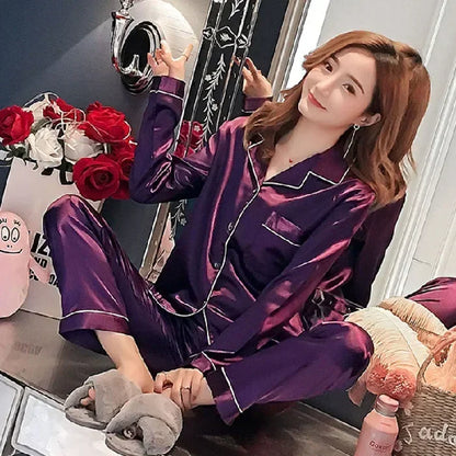 Plus Size Pajamas Women Fall and Winter Ice Silk Long Sleeve Two Piece Set Loungewear Nightwear Ladies Solid Color Sleepwear