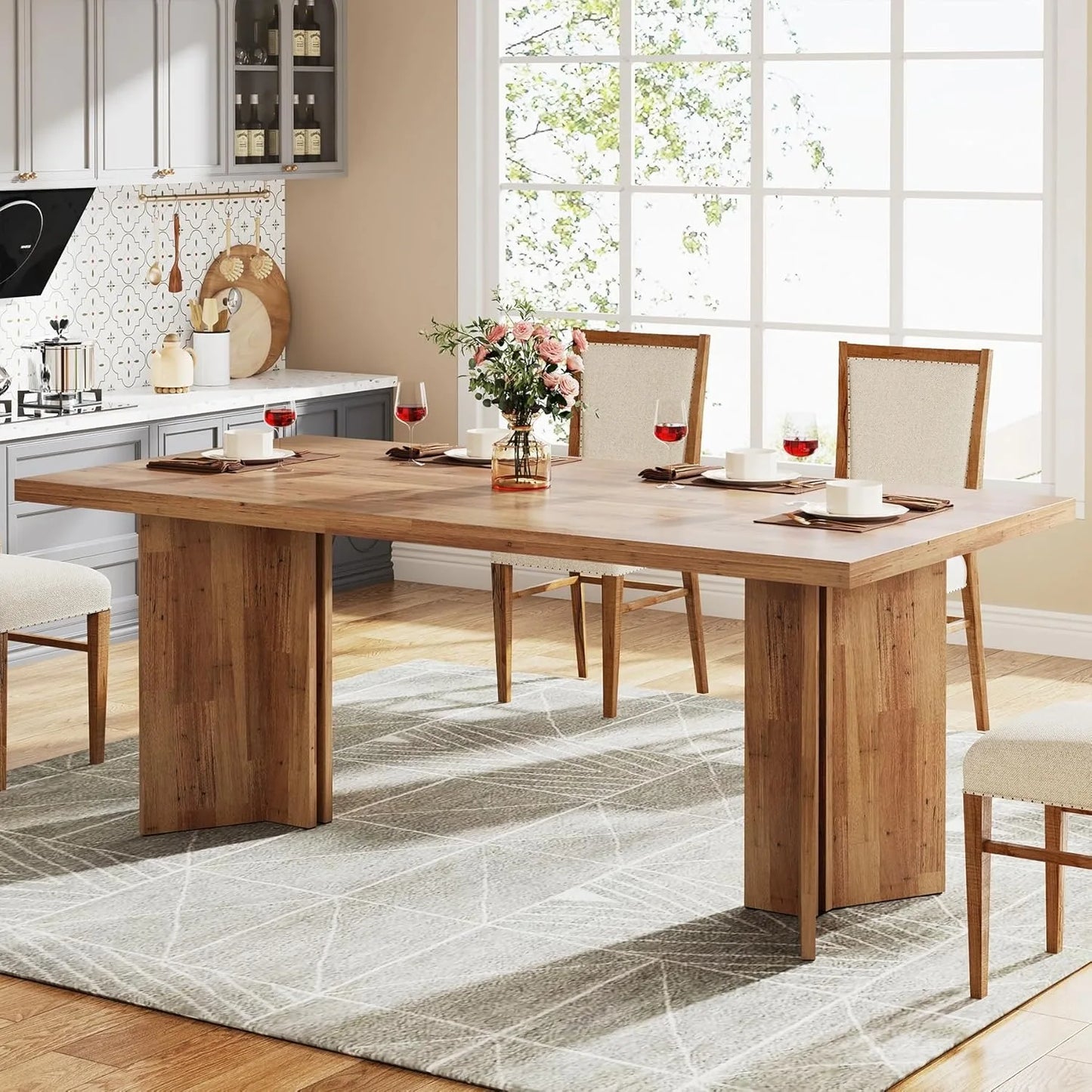 63-inch Dining Table for 4-6, Farmhouse Kitchen Table with Large Tabletop, Rectangular Eating Table for Dining Room, Living Room