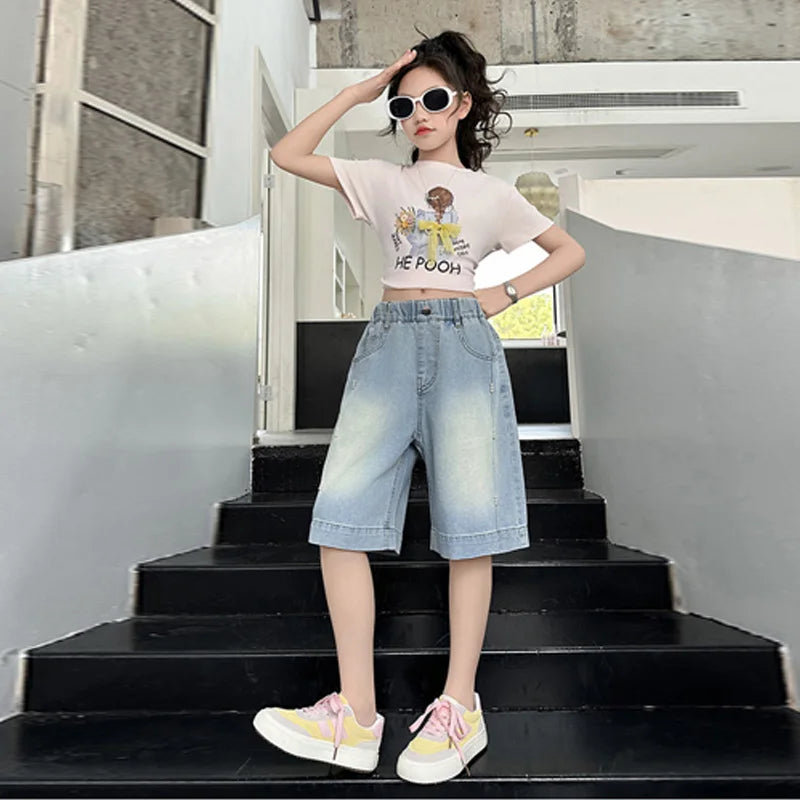 Girls Denim Shorts, Loose Pants,  Casual,  Thin Jeans  for  Teenage, Wide Leg, Knee-Length Trousers
