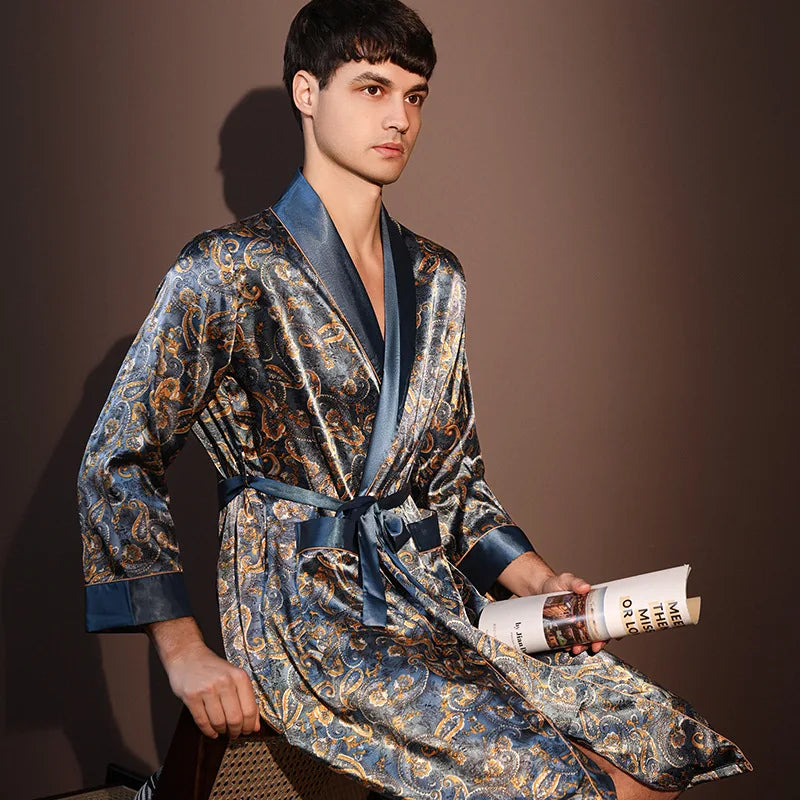 High Quality Nightrobes for  Men.   Summer Thin Bathrobe,  Large Size,  Ice Silk Printed Pajamas One-piece Robe, Loungewear, Spring