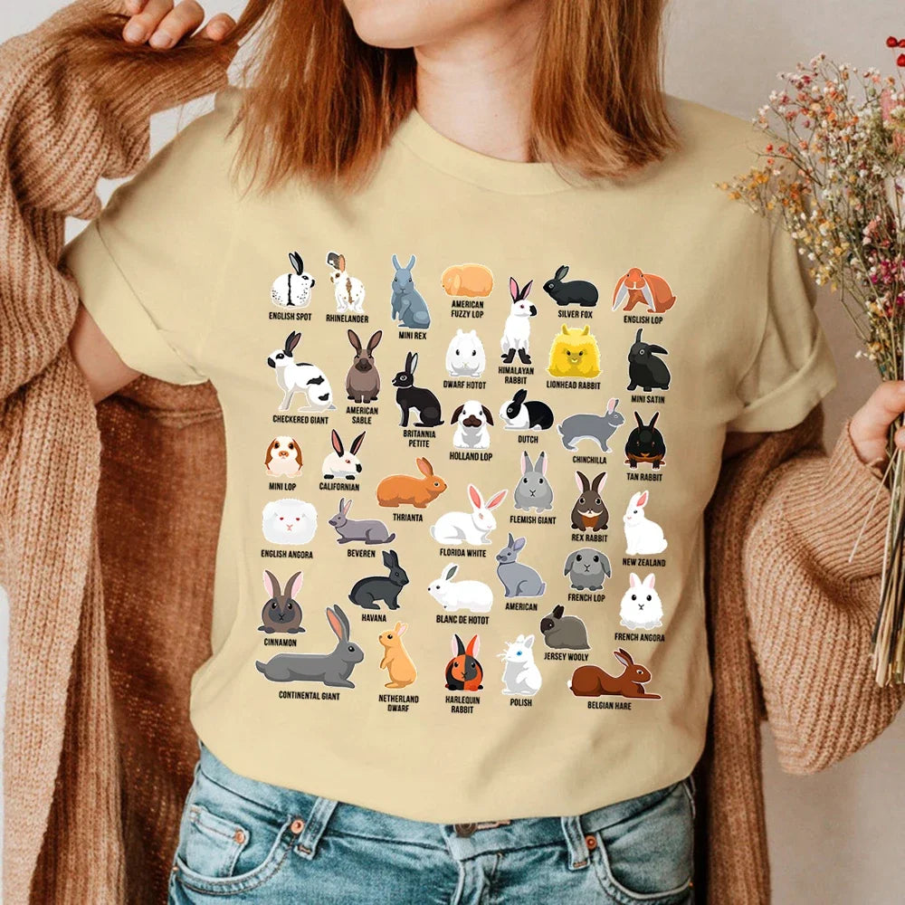 Bunny Summer Women's T-shirt,  Types of Rabbits , Print Tops,  Short-sleeved Casual Ladies Tees, O-neck