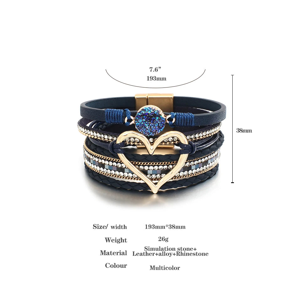 Metal Love Heart Charm,  Leather Bracelets for Women, Fashion Rhinestone Braided Wrap Bracelet , Bangle Female Jewelry Gifts