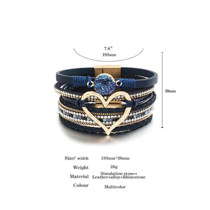 Metal Love Heart Charm,  Leather Bracelets for Women, Fashion Rhinestone Braided Wrap Bracelet , Bangle Female Jewelry Gifts