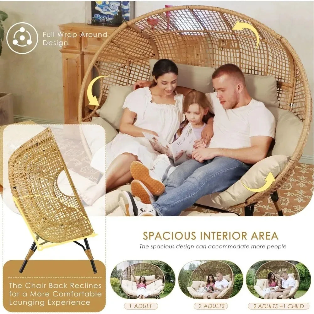 Lounge Chair/Double Egg Chair,  Indoor /Outdoor Stationary, Thickened, Padded Cushions,680 lbs，for Patio Balcony Porch Backyard Beige