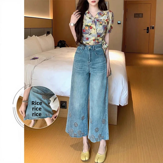 Hollow Design Large Size, Nine-Piece Jeans  for  Women's /GirlsSummer  wear.  New Loose,  High Waist , Slim , Straight Leg Pants.