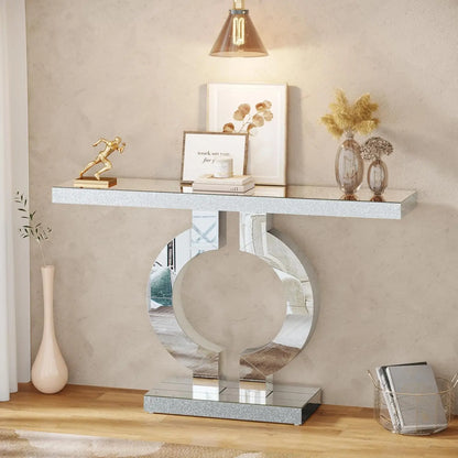 43-Inch Modern Mirrored Console Table,, Glass Sofa Table with Mirror Finish, Entryway Table with O-Shaped Base, Rectangular in Shape