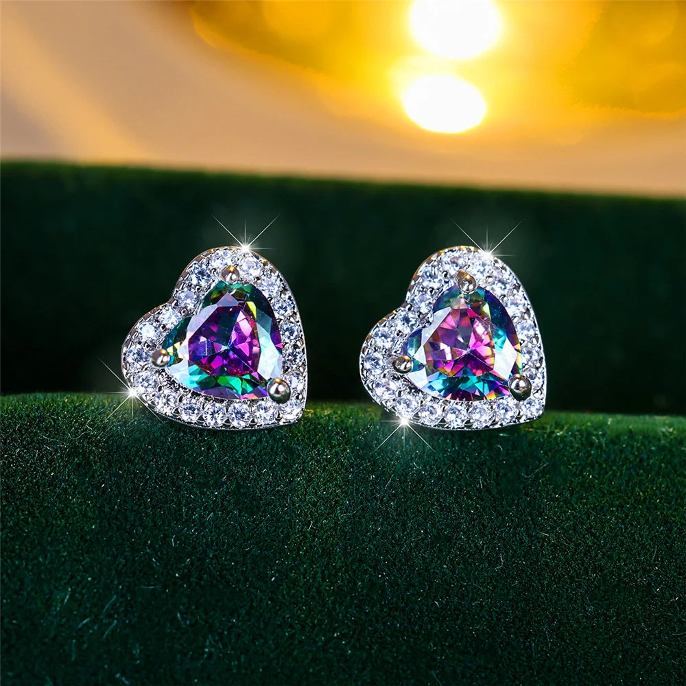 Cute Female Black/Green/Red/White/Blue Small Heart Stud Earrings .  Vintage Wedding Jewelry For Women