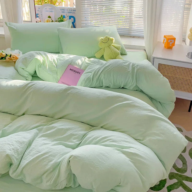 Solid Bed Linen Cotton Bedding Set 4pcs with Sheet Duvet Cover,  Pillowcases, Single/  Couple Bedsheet Single / Couple Twin Size