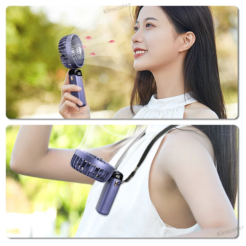 USB,  Handheld Mini Fan,  Foldable,  Portable Neck Hanging Fan,  5- Speed, Rechargeable Fan with Phone Stand and Display Screen.   WHITE is the only color available for sure.