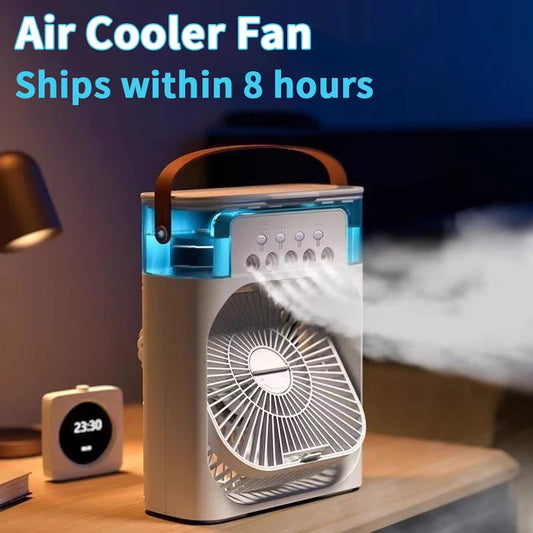 New 3 In 1 Fan AIr Conditioner Household Mini Air Cooler.   LED Night Light Portable Humidifier Air Adjustment Fan for  Home/Office, Car, Outside. Black is the most available color, white is lower in quantity but still good.