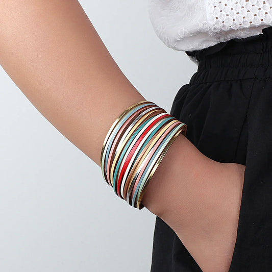 Trendy Colorful Leather Bracelet for Women /Men.   Boho Multilayer Slim Strips Wrap Wide Bangle Bracelets. Jewelry Gifts