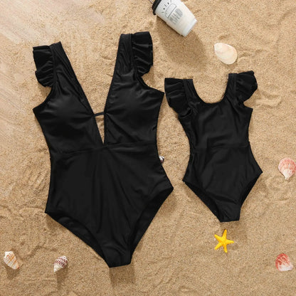 Mom /Daughter Matching Outfits, Solid Color,  One-Piece Swimwear,  Ruffles on Bathing
