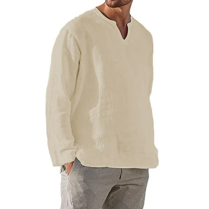 Men's Long Sleeve  / Cotton Linen Shirt.  Solid Colors,  Breathable Cozy Tops  with V -Neck Casual, Hawaiian -Style and Lightweight