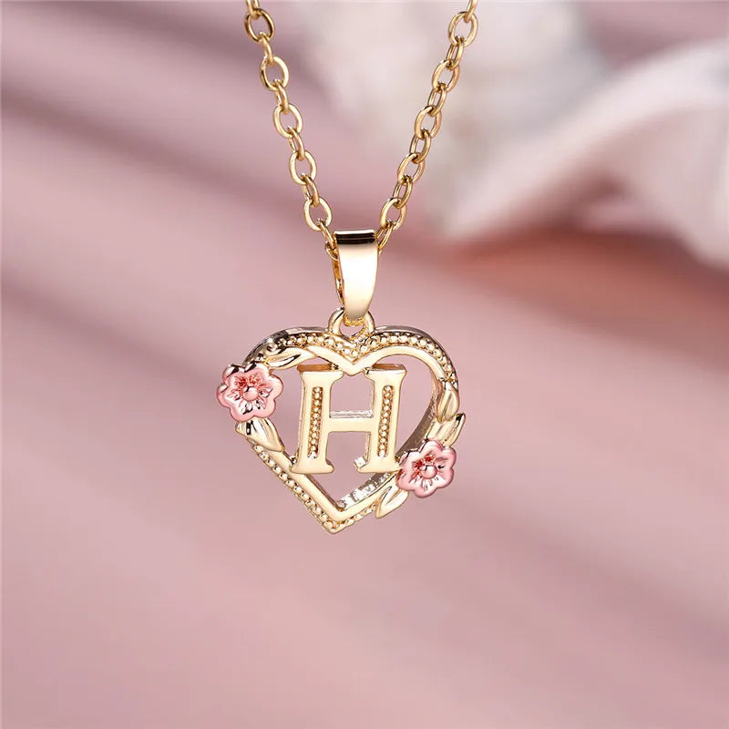 A-Z Letter Flower Pendant Necklace,  Yellow Gold  Wedding Jewelry GifTS