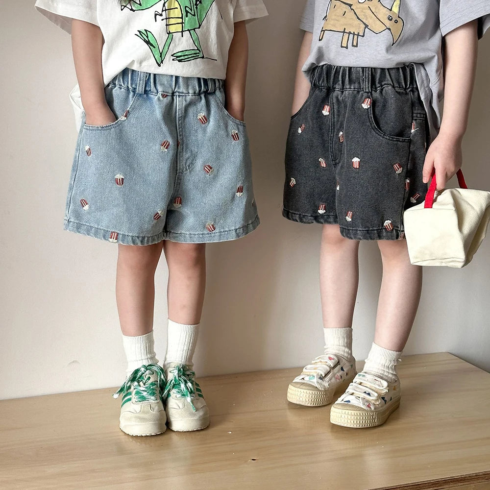 Kids Denim Shorts for 80-150cm Boys  or  Girls. Popcorn Embroidery  with Elastic Waist, Casual Knee Length Teen Children Pants
