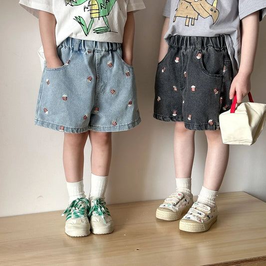 Kids Denim Shorts for 80-150cm Boys  or  Girls. Popcorn Embroidery  with Elastic Waist, Casual Knee Length Teen Children Pants