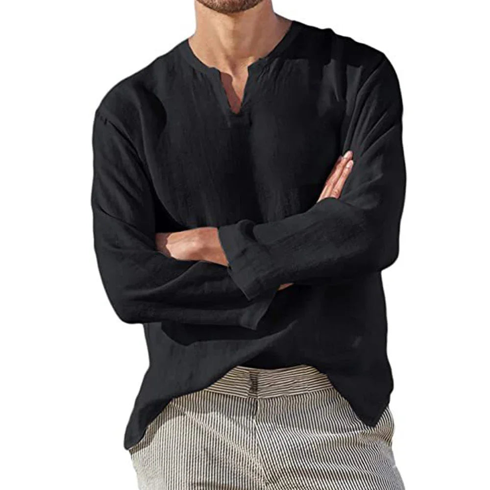 Men's Long Sleeve  / Cotton Linen Shirt.  Solid Colors,  Breathable Cozy Tops  with V -Neck Casual, Hawaiian -Style and Lightweight