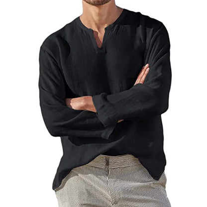 Men's Long Sleeve  / Cotton Linen Shirt.  Solid Colors,  Breathable Cozy Tops  with V -Neck Casual, Hawaiian -Style and Lightweight