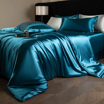 Silk Bed Sheets Set,   Luxury Bedding Set with Duvet Cover,  Fitted/Flat Bedsheet,  Pillowcases, Mixed with Rayon, King /Queen/ Full T/win