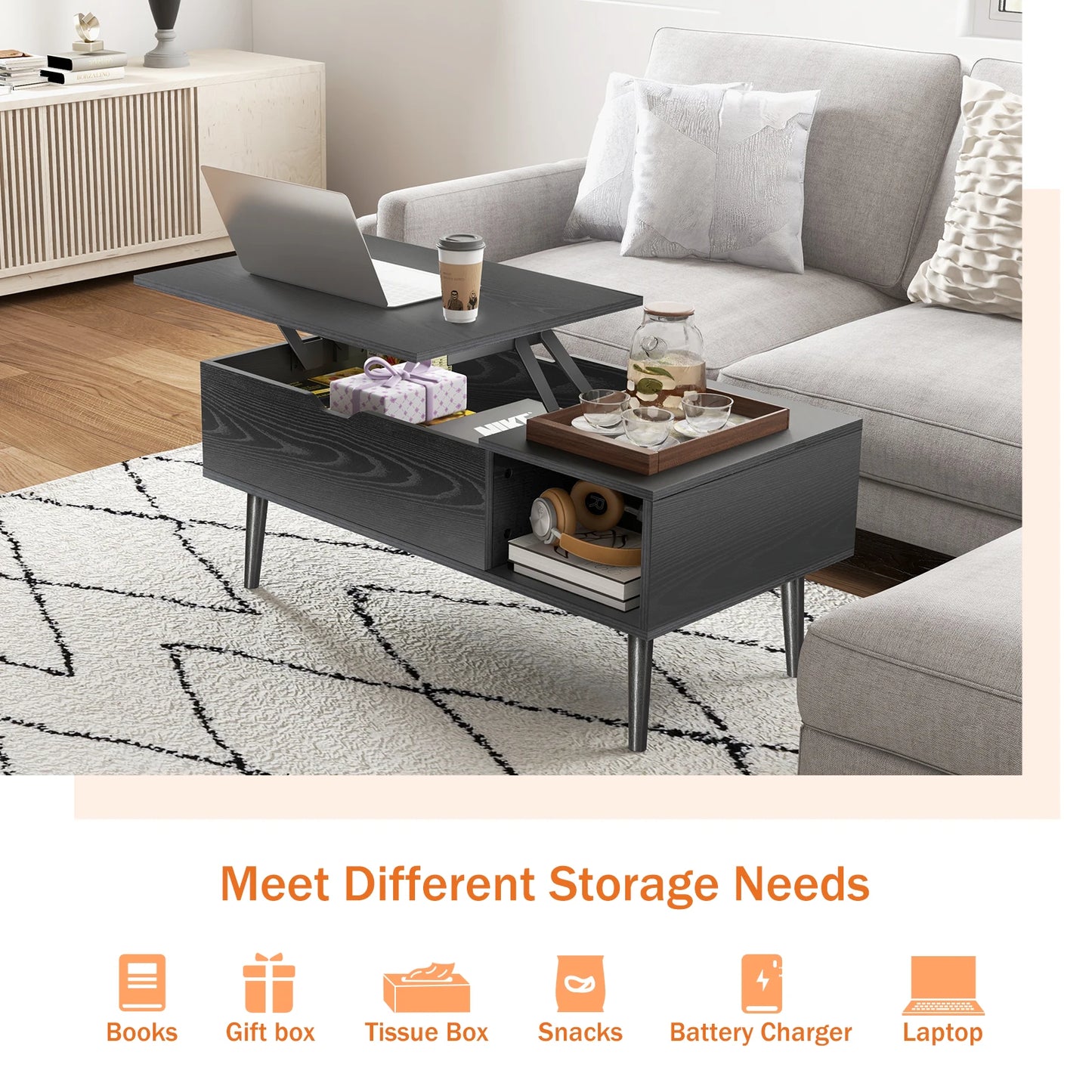 JHK Lift Top Coffee Tables For Living Room 39.37"x19.7" /Desk Tea Wood Dining Tables with Adjustable Storage Shelf,  Easy Lift Or Lower