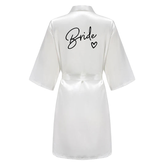 Wedding Party Team Bride Robe With Black Letters, Kimono Style Satin Bridesmaid Bathrobes