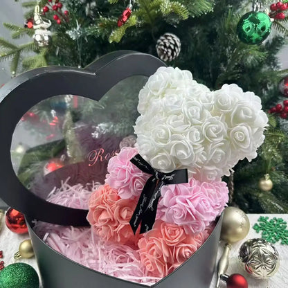 25cm Artificial Teddy Rose Flower Bear with Box.   Romantic Valentines Day Gift for Girlfriend,  Teen , Women Anniversary or Wedding Party