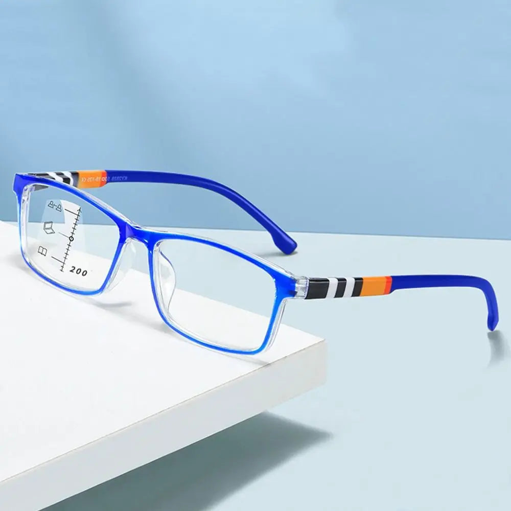 Multifocal Anti-Blue Light Reading Glasses, Progressive Near /Far, Blue Ray Blockin, Square Eyeglasses, Eye Protection Ultralight.  Two colors.  As shown, BLUE and also BLACK