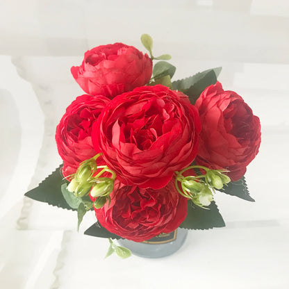 30cm Rose, Pink Silk Peony Artificial Flowers Bouquet  . 5 Big Head and 4 Bud  for Home Wedding Decoration indoor