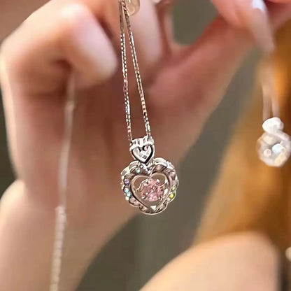 Fashion Pink Crystal Heart Bow Tie Pendant Necklace. Silver Color Chain.  Necklace for Women on Valentines for Aesthetic Jewelry
