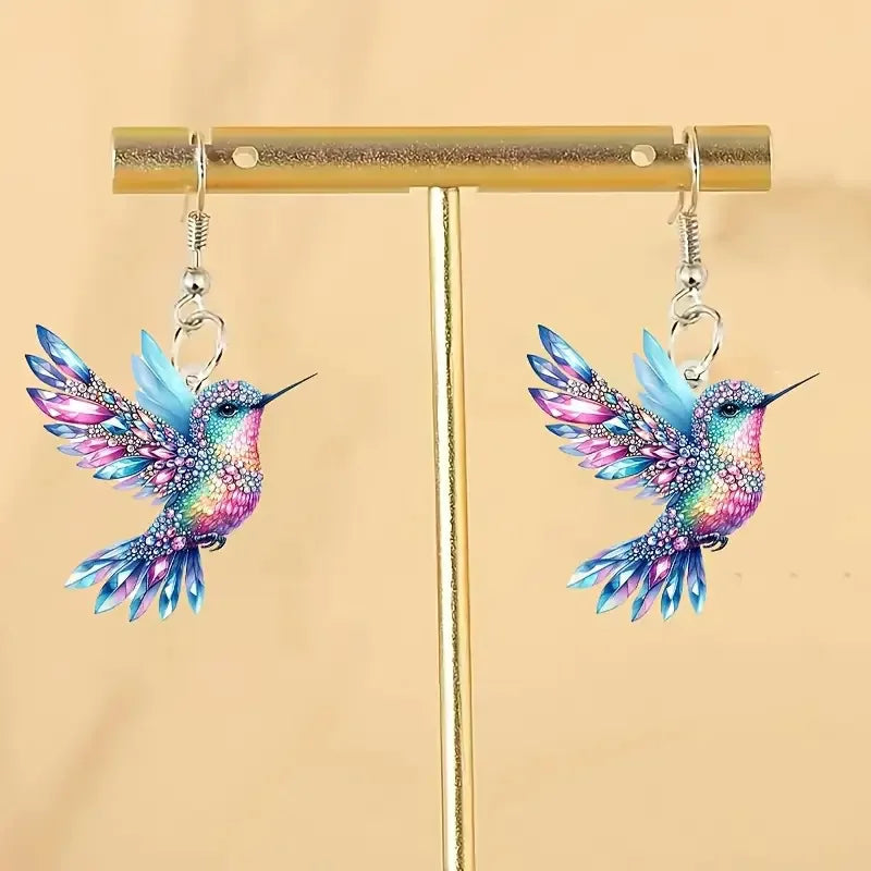 Acrylic Hummingbird Earrings For Women.  Retro Style Colorful Bird Drop Earrings.