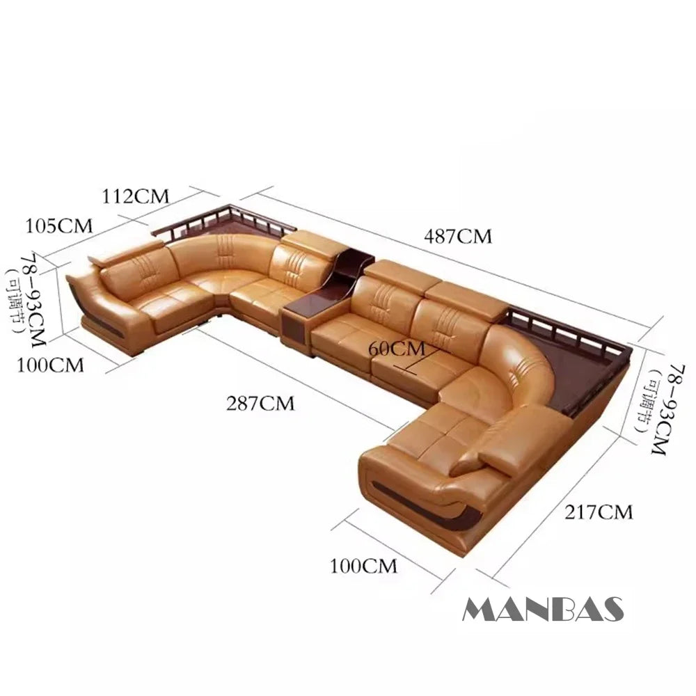 Premium Italian Genuine Leather Sofa Set.  Big Sectional Couch for Living Room,  With Adjustable Headrest