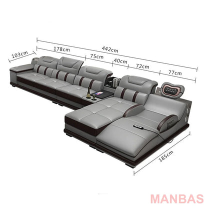 Linlamlim Italian Genuine Leather Sectional Sofa with Bluetooth, Speaker, Functional Headrest, Massage Chaise | Big Corner Couch