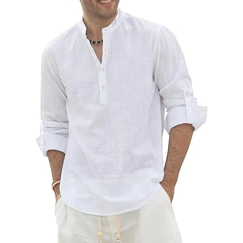 Men's Cotton /Linen Long Sleeve Shirt,  Lightweight with a  Henley Nec,  Beach- Style,  Solid Colors.