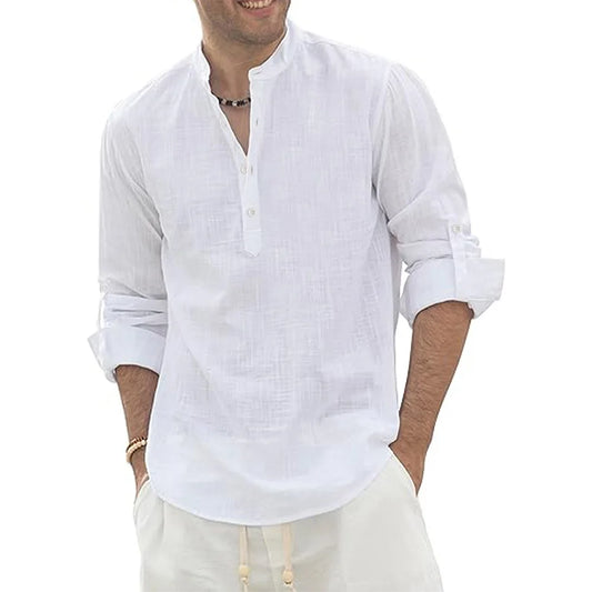 Men's Cotton /Linen Long Sleeve Shirt,  Lightweight with a  Henley Nec,  Beach- Style,  Solid Colors.