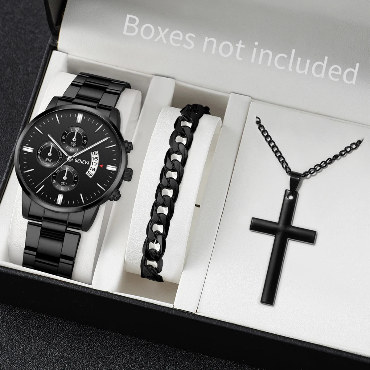 3PCS/Set Fashion Men's Stainless Steel Band Watch,  Casual,  Calendar Quartz Watch Jewelry Set（Without Box）Both Colors are Available
