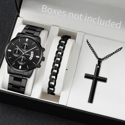 3PCS/Set Fashion Men's Stainless Steel Band Watch,  Casual,  Calendar Quartz Watch Jewelry Set（Without Box）Both Colors are Available