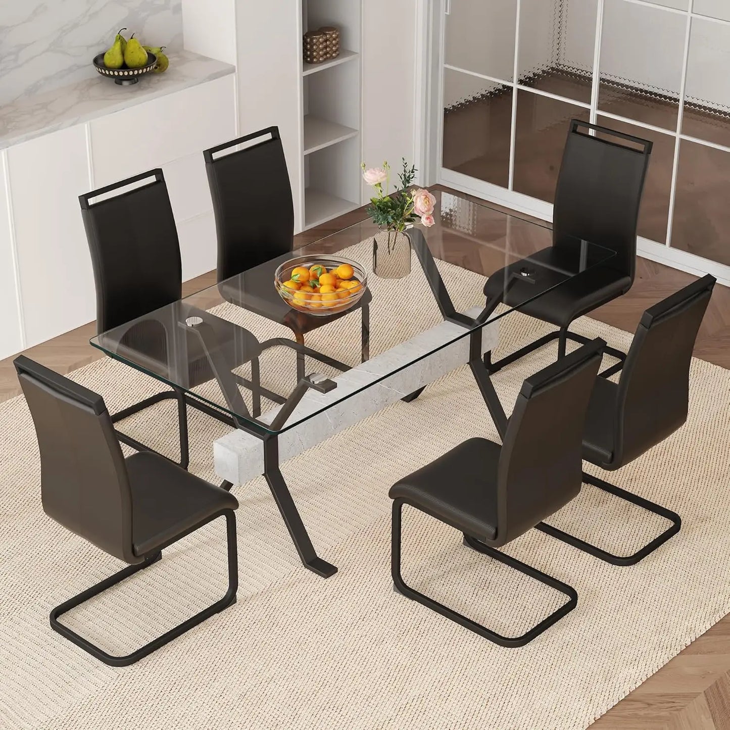 71“ Glass Dining Table Set for 6, Modern 7-Piece Dining Table Set,Rectanglular Tempered Glass Top and Metal Legs, Customized
