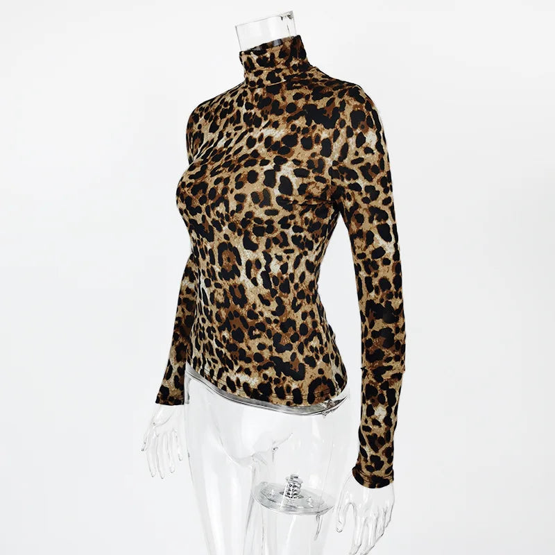 Womens  Long-sleeved Leopard Print Tops.   Casual,  Slim  Ladies Turtleneck  Pullover with a High Degree of STRETCH.  Ice Silk Top.