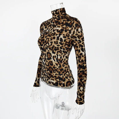 Womens  Long-sleeved Leopard Print Tops.   Casual,  Slim  Ladies Turtleneck  Pullover with a High Degree of STRETCH.  Ice Silk Top.
