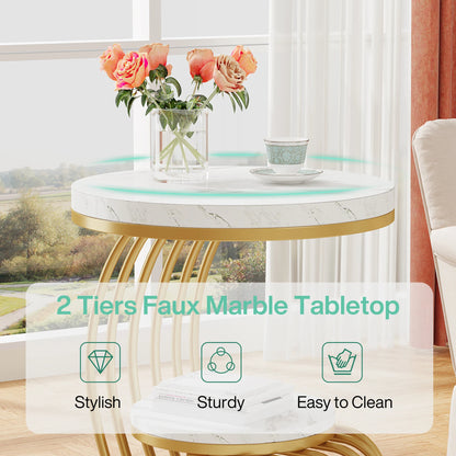 Gold Round End Table: 2 Tiers Faux Marble Side Table with Storage Shelf, Modern White Gold Bedside Nightstand, Living Room