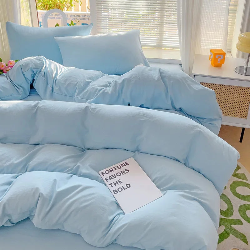 Solid Bed Linen Cotton Bedding Set 4pcs with Sheet Duvet Cover,  Pillowcases, Single/  Couple Bedsheet Single / Couple Twin Size