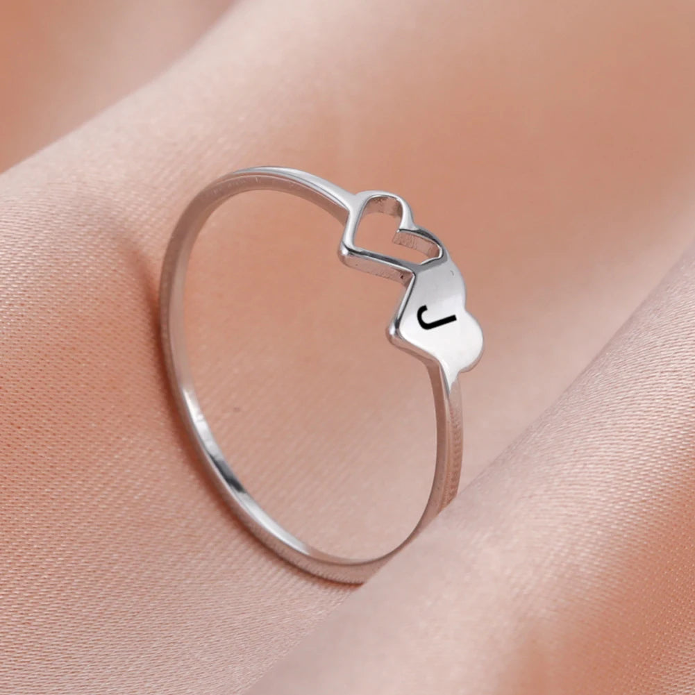 Initial Letter Ring for Women.  Stainless Steel A-Z Alphabet Double Heart Rings for Fashion Wedding  gift, Valentine's Day