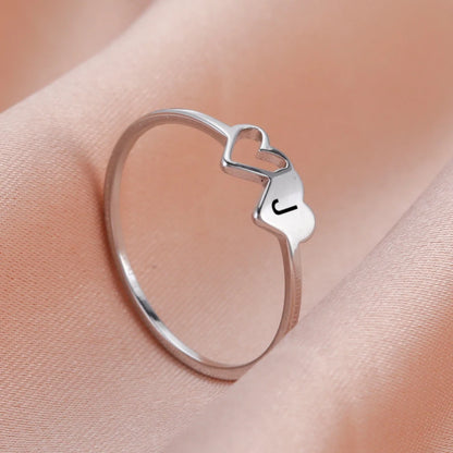 Initial Letter Ring for Women.  Stainless Steel A-Z Alphabet Double Heart Rings for Fashion Wedding  gift, Valentine's Day