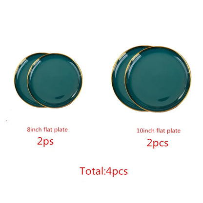 Luxury Forest Green Ceramic Dinnerware Set,  Including  Shallow Plates,  Rice,  Soup Bowls,  Fish,  Dish And Spoon