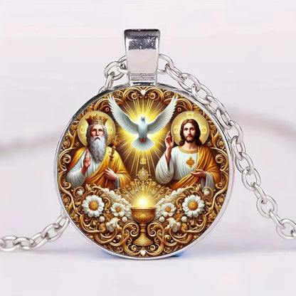 The Holy Family Glass Pendant Necklace,  Catholic Saint Joseph,  Virgin Mary,  Jesus Necklace